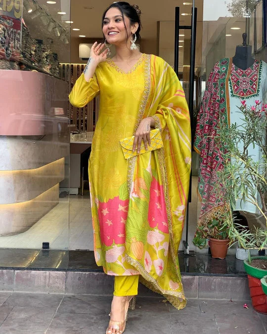 Women V Neck Embroidered Work, Chanderi Fabric Kurta & Pant With Dupatta Set Soft Cotton Pants Women V Neck Embroidered Work, Chanderi Fabric Kurta & Pant With Dupatta Set Soft Cotton Pants