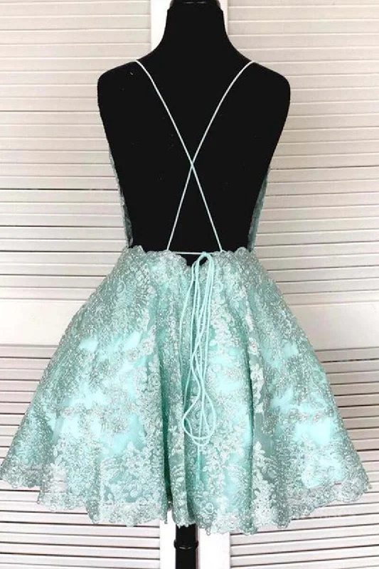 A-Line Spaghetti Straps Backless Mint Green Lace Short Prom Dress, Backless Mint Green Lace Formal Graduation Homecoming Dress Tunics Handmade artisanal A-Line Spaghetti Straps Backless Mint Green Lace Short Prom Dress, Backless Mint Green Lace Formal Graduation Homecoming Dress Tunics Handmade artisanal