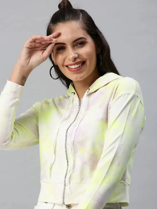 Women's White Solid Crop Front-Open Sweatshirt-AF-1790-Whitefluorescentgreen Hoodie with Full-Zip Functional Layering