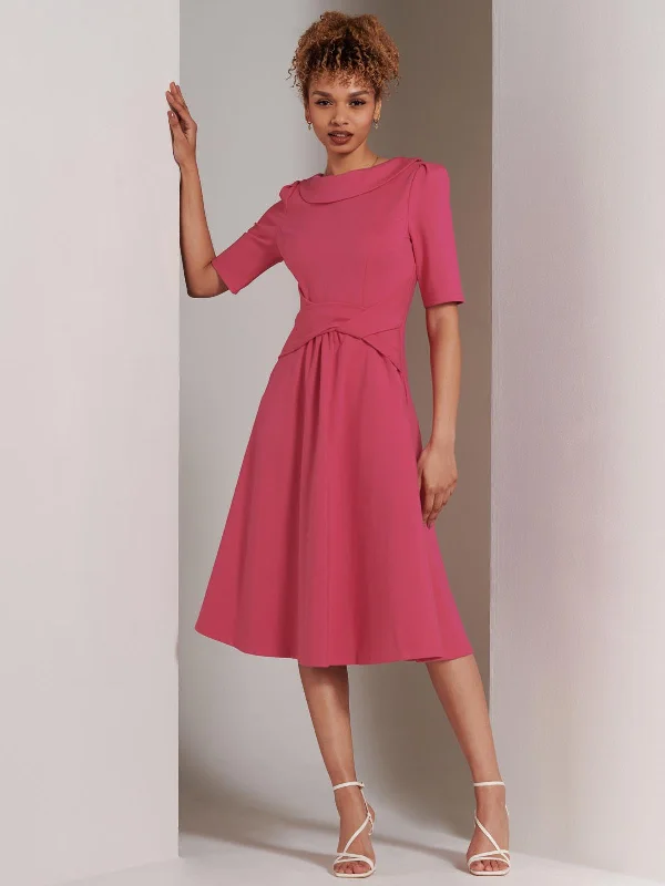 Maayan Fold Neck Dress, Hot Pink Tunics Stylish elegant