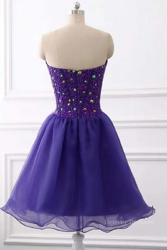 Sweetheart Neck Beaded Dark Purple Short Prom Dress, Strapless Dark Purple Homecoming Dress, Dark Purple Beaded Formal Evening Dress Elegant Long Evening Sweetheart Neck Beaded Dark Purple Short Prom Dress, Strapless Dark Purple Homecoming Dress, Dark Purple Beaded Formal Evening Dress Elegant Long Evening