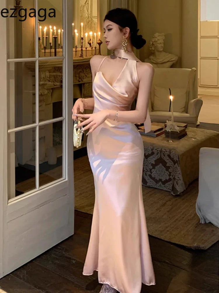 Yipinpay Elegant Dresses Women Ribbon Sleeveless Sexy Slim Satin Spring Backless Mermaid Dress Party Vintage Temperament Female Tunics Travel practical