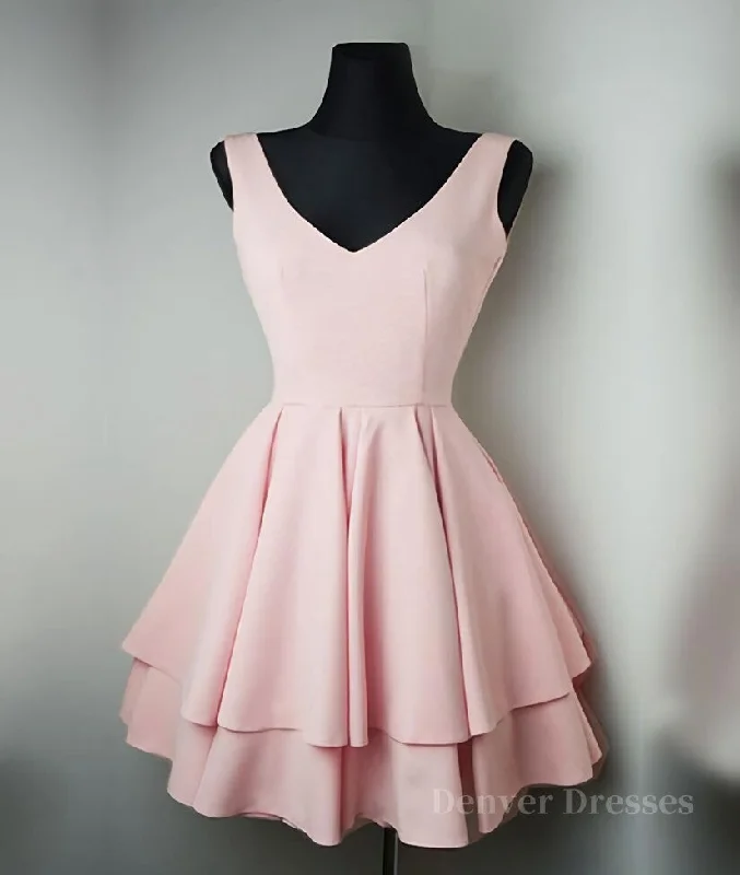 Cute v neck pink short prom dress. pink homecoming dress Tunics Denim casual