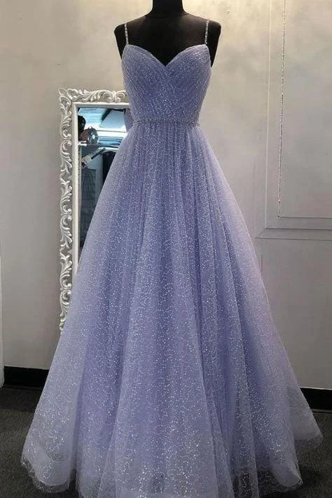 A Line Long Sparkly Spaghetti Straps Prom Dresses Evening Formal Dresses Fashion School Dance Dresses Halter Neckline Beach