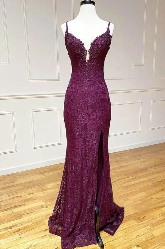 mermaid/trumpet spaghetti straps grape lace beaded long prom dress formal evening dress Tunics Lace romantic