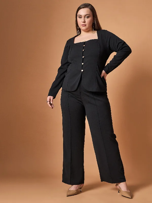 Women Black Front Button Top With Straight Pants Formal Slim Pants