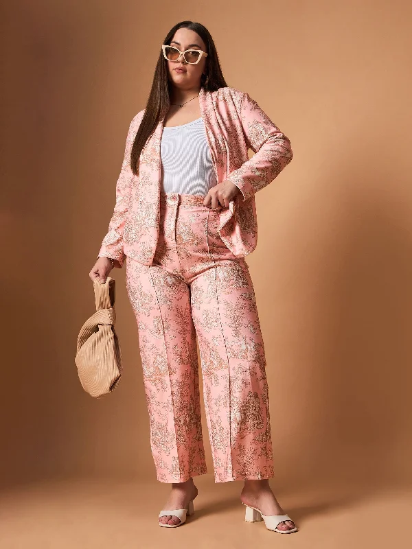 Women Pink Floral Shawl Collar Blazer With Straight Pants Cozy Maternity Pants