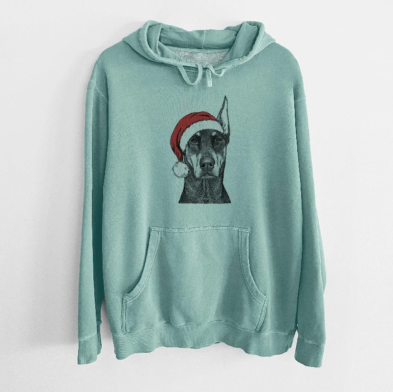 Santa Hat Drake the Doberman Pinscher - Unisex Pigment Dyed Hoodie Hoodie with Snap Buttons Easy Quick