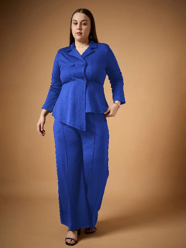 Women Royal Blue Ruched Blazer With Straight Pants Comfortable Jogging Pants