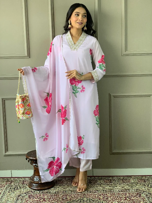Women V Neck Embroidered Work French Crepe Fabric Kurta & Pant With Dupatta Set Slim-Fit Leggings Women V Neck Embroidered Work French Crepe Fabric Kurta & Pant With Dupatta Set Slim-Fit Leggings