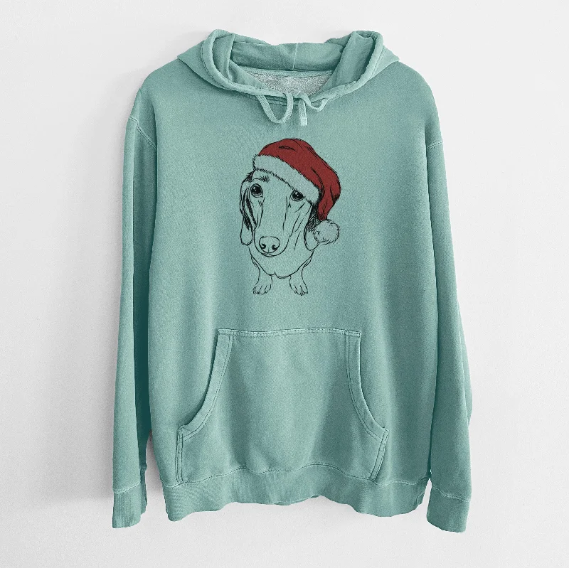 Santa Hat Annabelle the Dachshund - Unisex Pigment Dyed Hoodie Hoodie with Hidden Zipper Minimalist Clean
