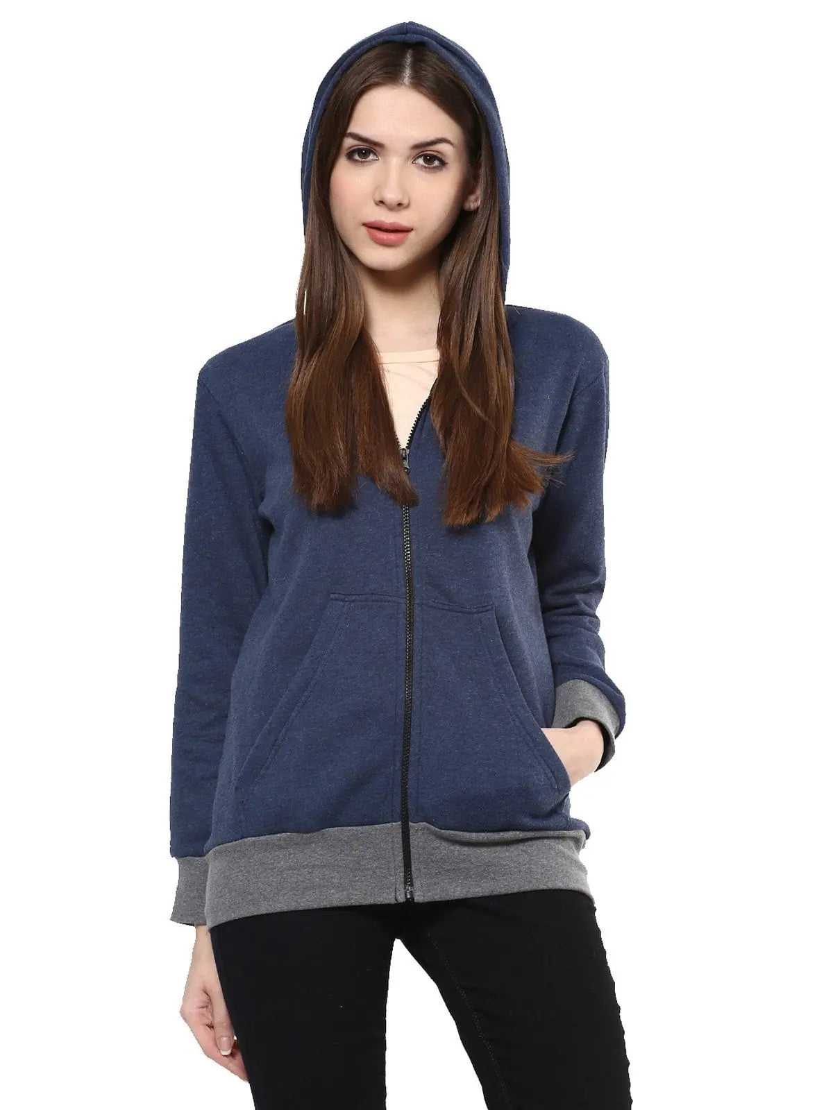 Solid Hooded Sweatshirts With Pockets-PKJ2022BLUE-S Hoodie with Hem Elastic Stretchable Comfortable