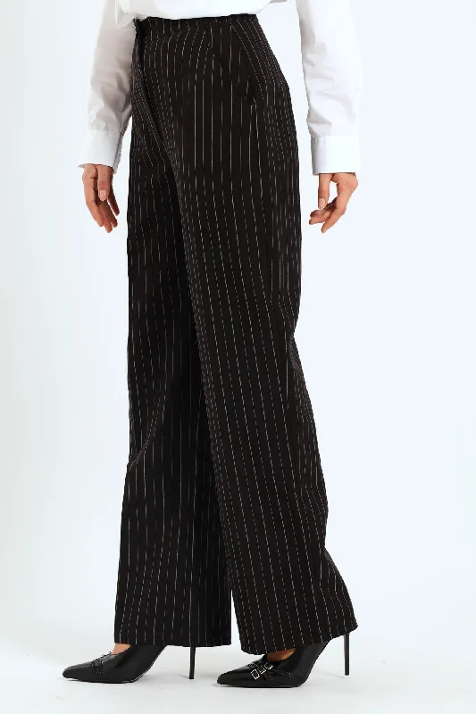 Pin Stripe Straight Leg Pant - Black/White Fashionable Button-Up Pants