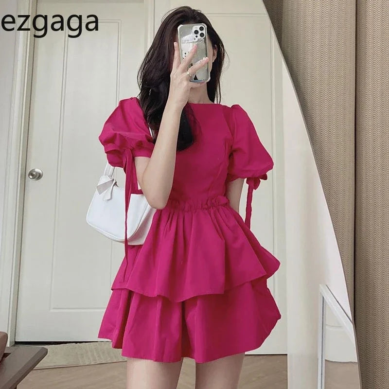 Yipinpay Dresses Woemn Lace Up Ruffles Patchwork Puff Short Sleeve Solid Korean Fashion Spring Summer Ladies Dress Casual Tunics Sophisticated sleek Yipinpay Dresses Woemn Lace Up Ruffles Patchwork Puff Short Sleeve Solid Korean Fashion Spring Summer Ladies Dress Casual Tunics Sophisticated sleek