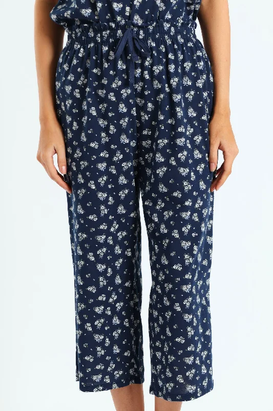 Capri White Roses Pj Pants - Navy Modern Skinny Pants