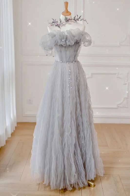 Gray Tulle A Line Off the Shoulder Formal Evening Dresses Long Prom Dresses Boat Neckline Classic Gray Tulle A Line Off the Shoulder Formal Evening Dresses Long Prom Dresses Boat Neckline Classic