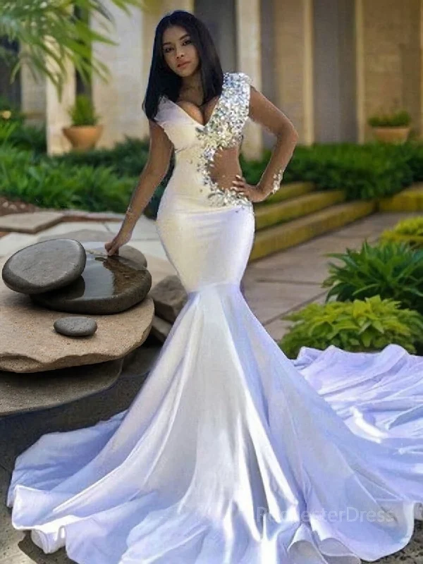 Trumpet/Mermaid V-neck Chapel Train Elastic Woven Satin Evening Dresses With Beading Tunics Office stylish