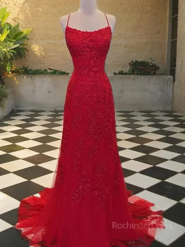 A-Line/Princess Spaghetti Straps Sweep Train Tulle Evening Dresses With Appliques Lace Tunics Solid Classic A-Line/Princess Spaghetti Straps Sweep Train Tulle Evening Dresses With Appliques Lace Tunics Solid Classic