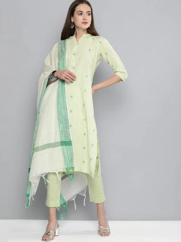 Pure Cotton Handloom Unstitched Green Ethnic Dress Material Tunics Canvas sturdy