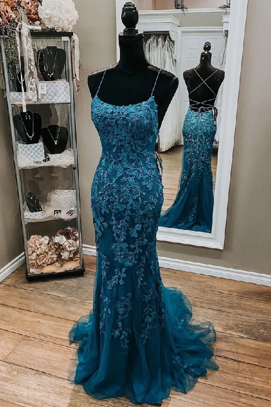 Mermaid Lace Appliques Straps Long Prom Dresses Evening Dresses Tunics Bridal satin