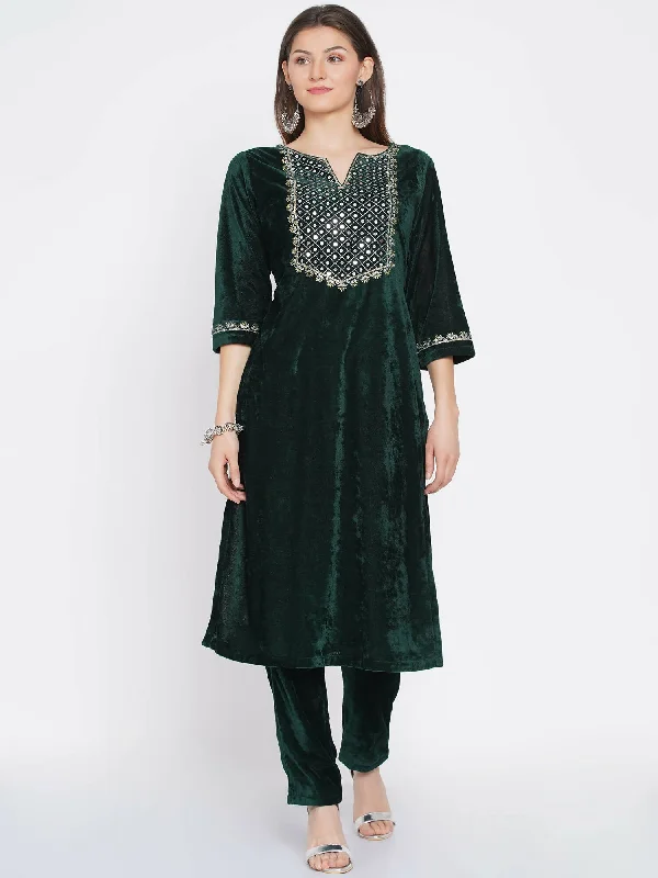 Women Republic Green Velvet Embroidered Kurta With Pant Lightweight Linen Pants