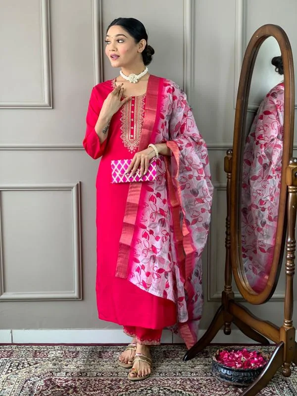Women Round Neck Embroidered Work, Chanderi Fabric Kurta & Pant With Dupatta Set Comfortable Denim Pants Women Round Neck Embroidered Work, Chanderi Fabric Kurta & Pant With Dupatta Set Comfortable Denim Pants