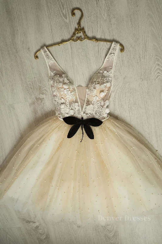 Cute V Neck Short Champagne Lace Prom Dress with Beading, Short Champagne Lace Formal Graduation Homecoming Dress Tunics Spring floral Cute V Neck Short Champagne Lace Prom Dress with Beading, Short Champagne Lace Formal Graduation Homecoming Dress Tunics Spring floral