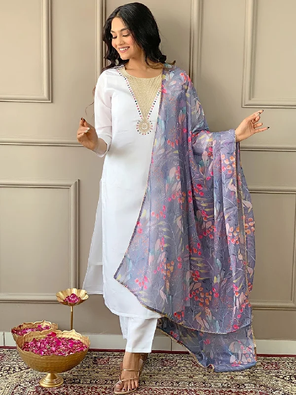 Women Round Neck Embroidery Rayon Blend Fabric Kurta & Pant With Dupatta Set Modern Bootcut Pants Women Round Neck Embroidery Rayon Blend Fabric Kurta & Pant With Dupatta Set Modern Bootcut Pants