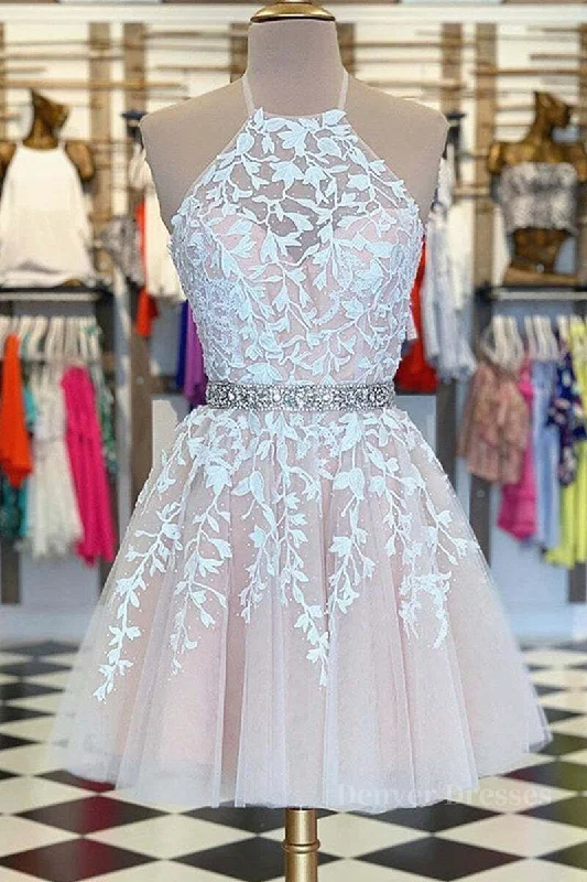 A Line Halter Neck Short Pink Lace Prom Dress with Belt, Pink Lace Formal Graduation Homecoming Dress Tunics Exclusive limited