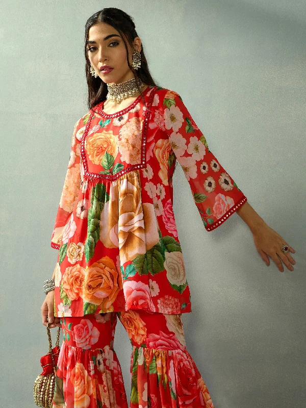 Women Red Floral Peplum Kurta With Sharara Pants Relaxed High-Waist Trousers