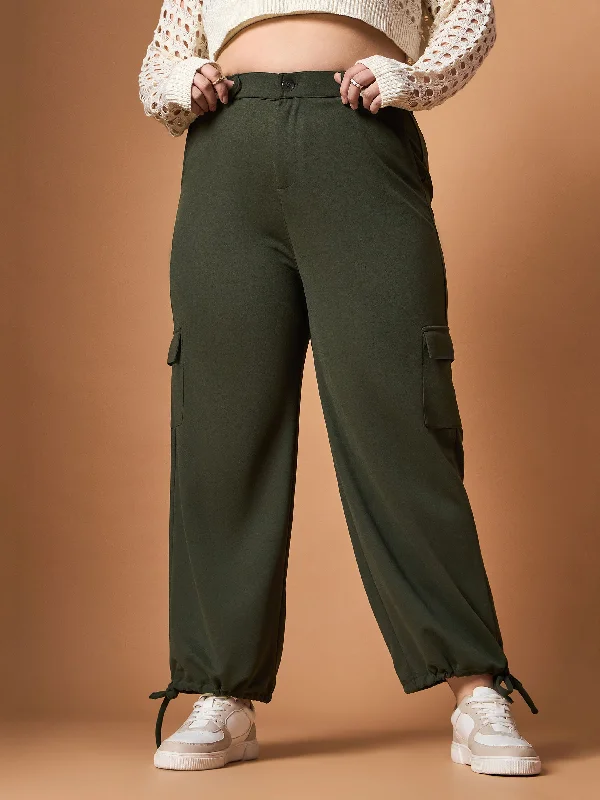 Women Olive Solid Pull Hem Cargo Pants Comfortable Denim Leggings