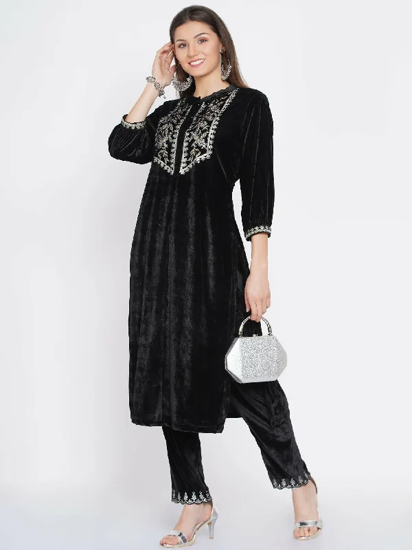 Women Republic Black Velvet Embroidered Kurta With Pants Formal Dress Pants