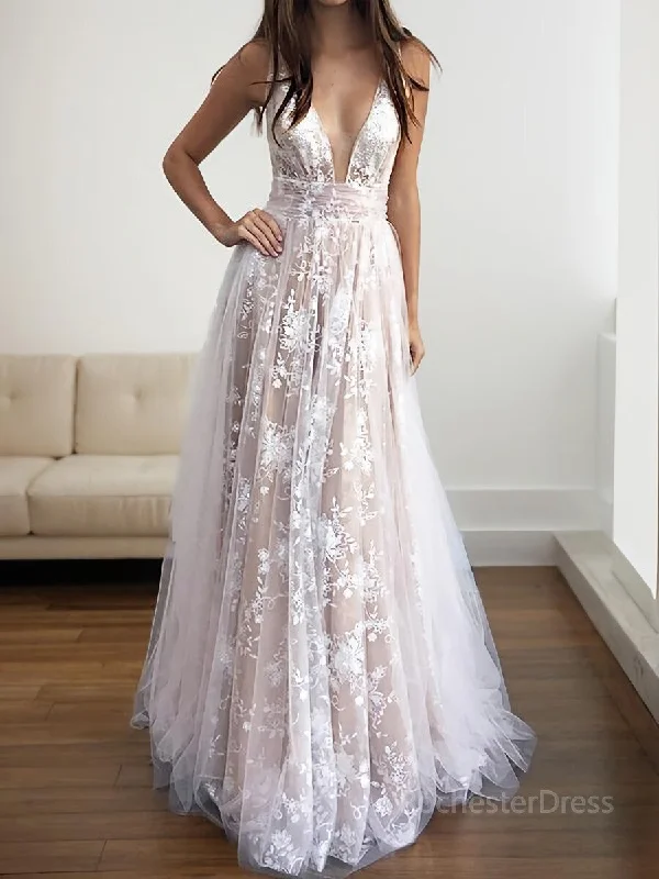 A-Line/Princess V-neck Floor-Length Tulle Evening Dresses With Appliques Lace Tunics Ceremony elegant A-Line/Princess V-neck Floor-Length Tulle Evening Dresses With Appliques Lace Tunics Ceremony elegant