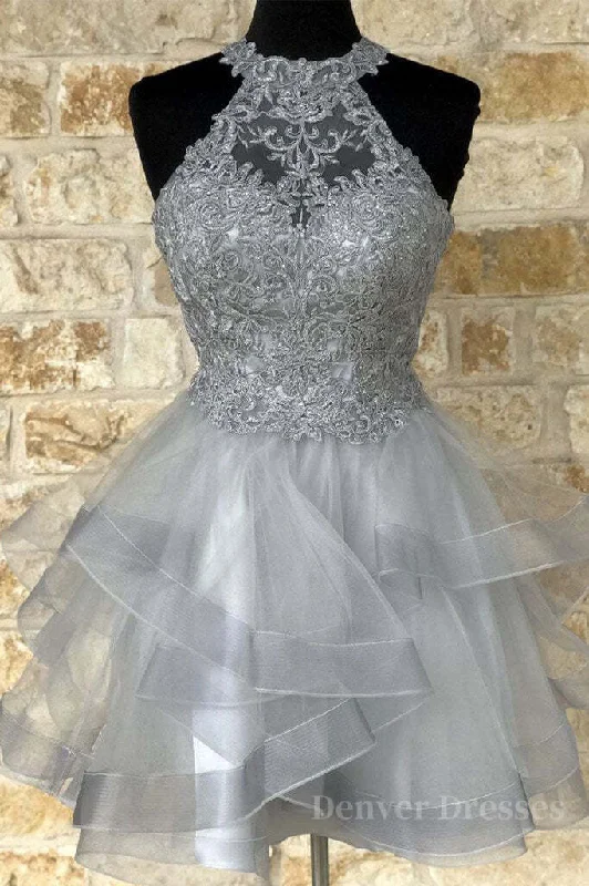 Gray tulle lace high neck short prom dress gray homecoming dress Tunics Travel practical Gray tulle lace high neck short prom dress gray homecoming dress Tunics Travel practical