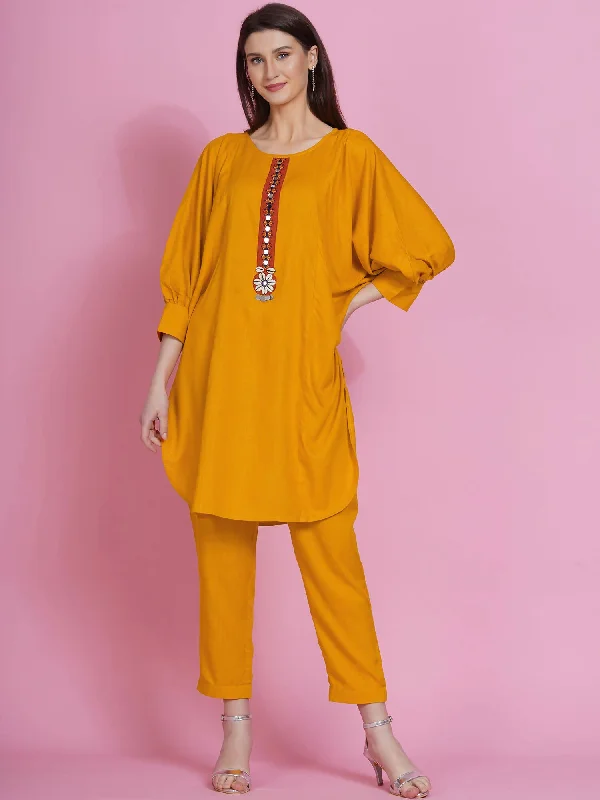 Women Republic Yellow Rayon Boxed Kurta With Pants Lightweight Jogger Pants
