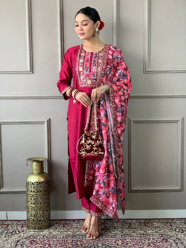 Women Round Neck Embroidered Work, Chanderi Fabric Kurta & Pant With Dupatta Set Soft Cotton Pants Women Round Neck Embroidered Work, Chanderi Fabric Kurta & Pant With Dupatta Set Soft Cotton Pants