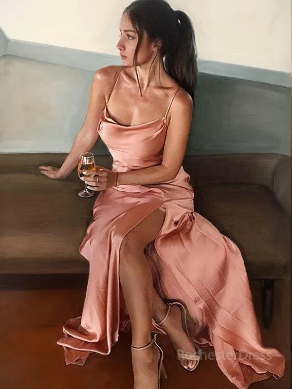 Sheath/Column Spaghetti Straps Floor-Length Silk like Satin Evening Dresses With Leg Slit Tunics Lace romantic Sheath/Column Spaghetti Straps Floor-Length Silk like Satin Evening Dresses With Leg Slit Tunics Lace romantic