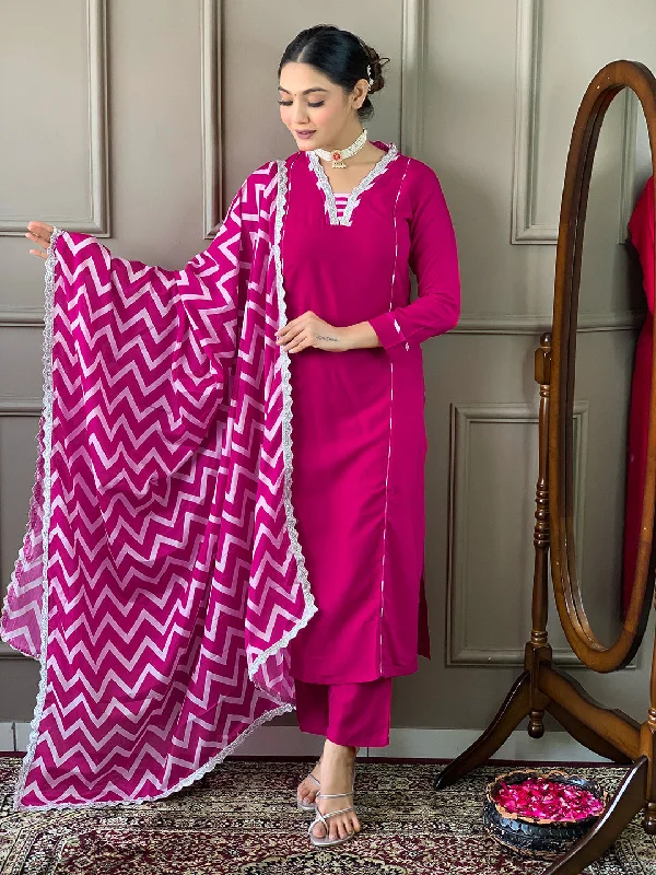 Women V Neck Embroidered Work Viscose Fabric Kurta & Pant With Dupatta Set Warm Wool Trousers