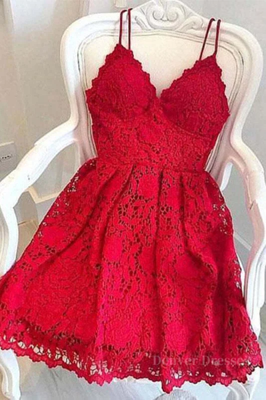 Cute V Neck Short Red Lace Prom Dress with Straps, Short Red Lace Formal Graduation Homecoming Dress, Red Cocktail Dress Tunics Winter warm Cute V Neck Short Red Lace Prom Dress with Straps, Short Red Lace Formal Graduation Homecoming Dress, Red Cocktail Dress Tunics Winter warm