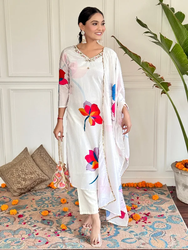 Women V Neck Embroidered Work Cotton Fabric Kurta & Pant With Dupatta Set Chic Capri Pants Women V Neck Embroidered Work Cotton Fabric Kurta & Pant With Dupatta Set Chic Capri Pants