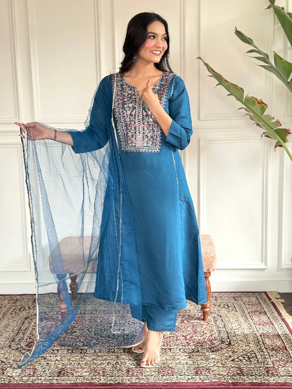 Women V Neck Embroidered Work, Chanderi Fabric With Cotton Lining Kurta & Pant With Dupatta Set Relaxed Lounge Trousers Women V Neck Embroidered Work, Chanderi Fabric With Cotton Lining Kurta & Pant With Dupatta Set Relaxed Lounge Trousers