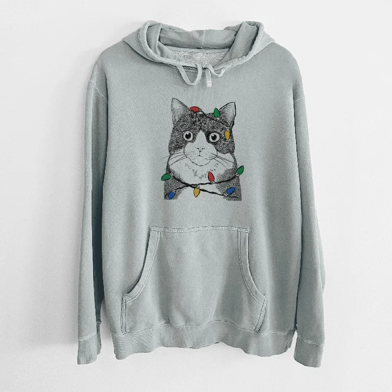 Christmas Lights Tux the Tuxedo Cat - Unisex Pigment Dyed Hoodie Hoodie with Mock Neck Collared Structured