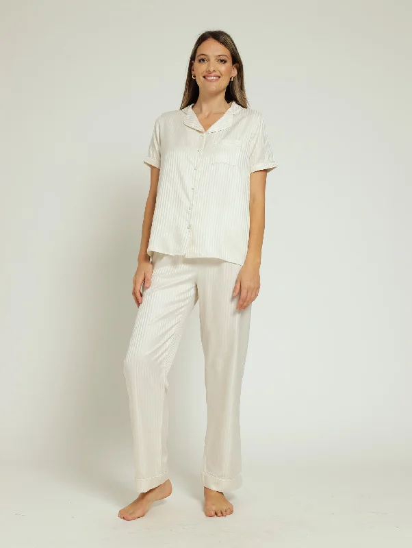 Satin Shadow Stripe Button Through & Pant - Cream Slim-Fit Leggings