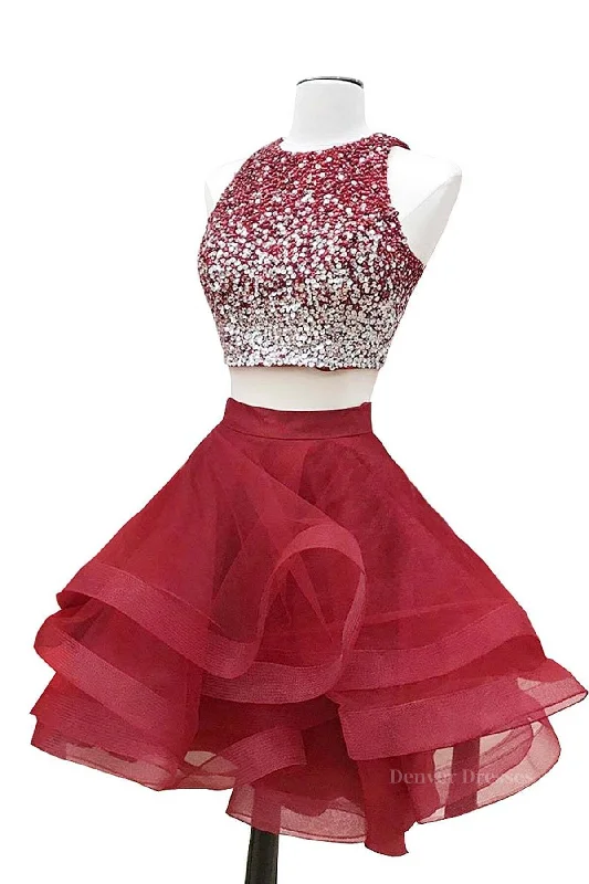 2 Pieces Short Burgundy Prom Dresses, Two Pieces Short Wine Red Beaded Graduation Homecoming Dresses Tunics Designer luxury
