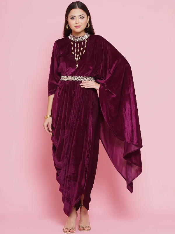 Women Republic Burgundy Velvet Kurta With Attached Neckalace,Belt And Pant Fashionable Work Pants