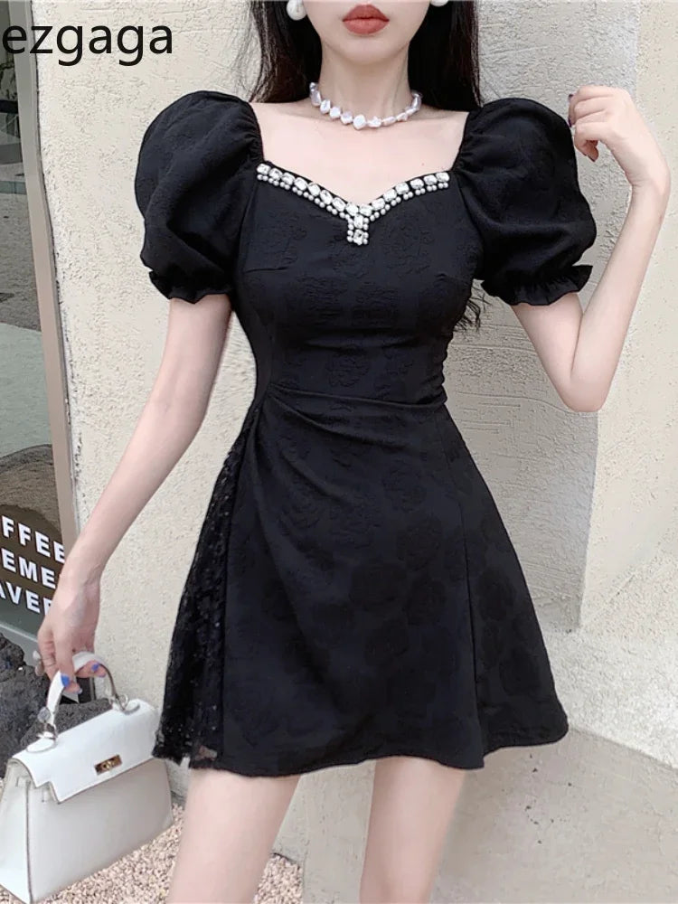 Yipinpay Woman Dress V Neck Diamonds Puff Short Sleeve Flowers Lace Patchwork Vintage Korean Fashion Elegant Dresses Sexy Tunics Versatile stylish Yipinpay Woman Dress V Neck Diamonds Puff Short Sleeve Flowers Lace Patchwork Vintage Korean Fashion Elegant Dresses Sexy Tunics Versatile stylish