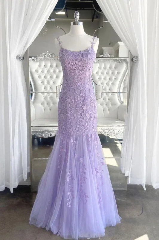 Lilac Spaghetti Straps Long Lace Tulle Evening Dresses Mermaid Appliques Prom Dresses Tunics Long Elegant Lilac Spaghetti Straps Long Lace Tulle Evening Dresses Mermaid Appliques Prom Dresses Tunics Long Elegant