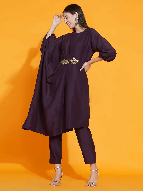 Women Republic Purple Fusion Style Kurta With Hand Embellishment And Pants Classic Bootcut Trousers