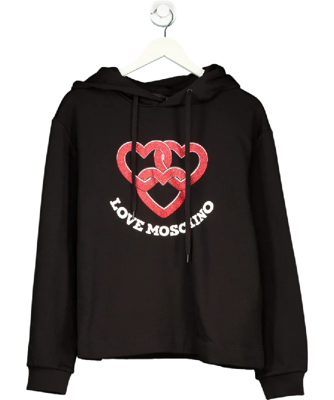 Love Moschino Black Hooded Sweatshirt 100% Cotton UK 12 Zip Hoodie Drawstring Kangaroo Pocket
