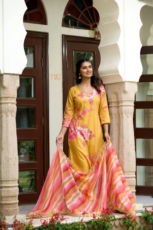 Women 'V' Neck Sequence Embroidery And Print Work Muslin Fabric Kurta Pant Set Comes With Printed Dupatta Slim-Fit Khaki Pants Women 'V' Neck Sequence Embroidery And Print Work Muslin Fabric Kurta Pant Set Comes With Printed Dupatta Slim-Fit Khaki Pants